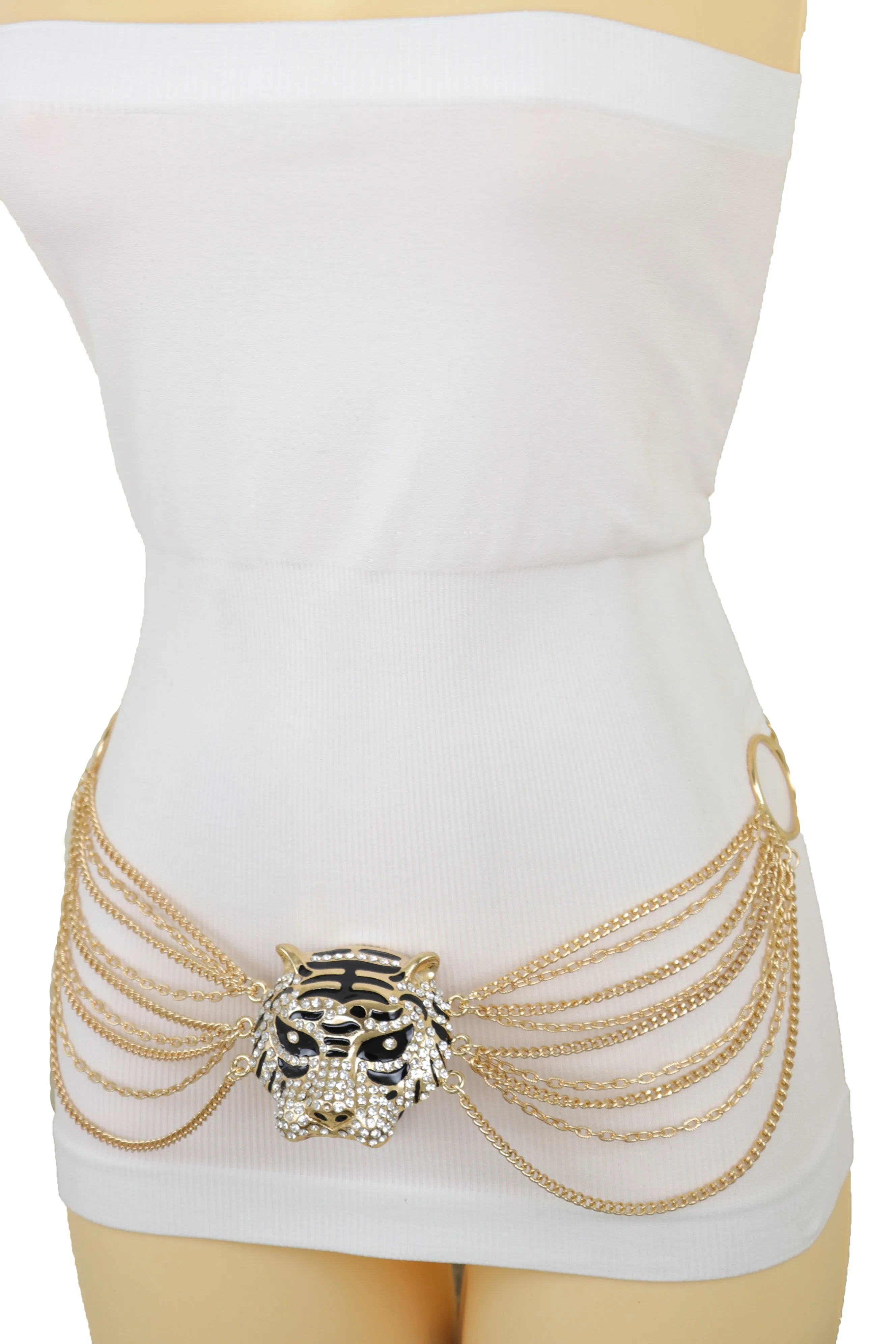 Gold Metal Chain Side Waves Belt Hip High Waist Leopard Tiger Charm S M L