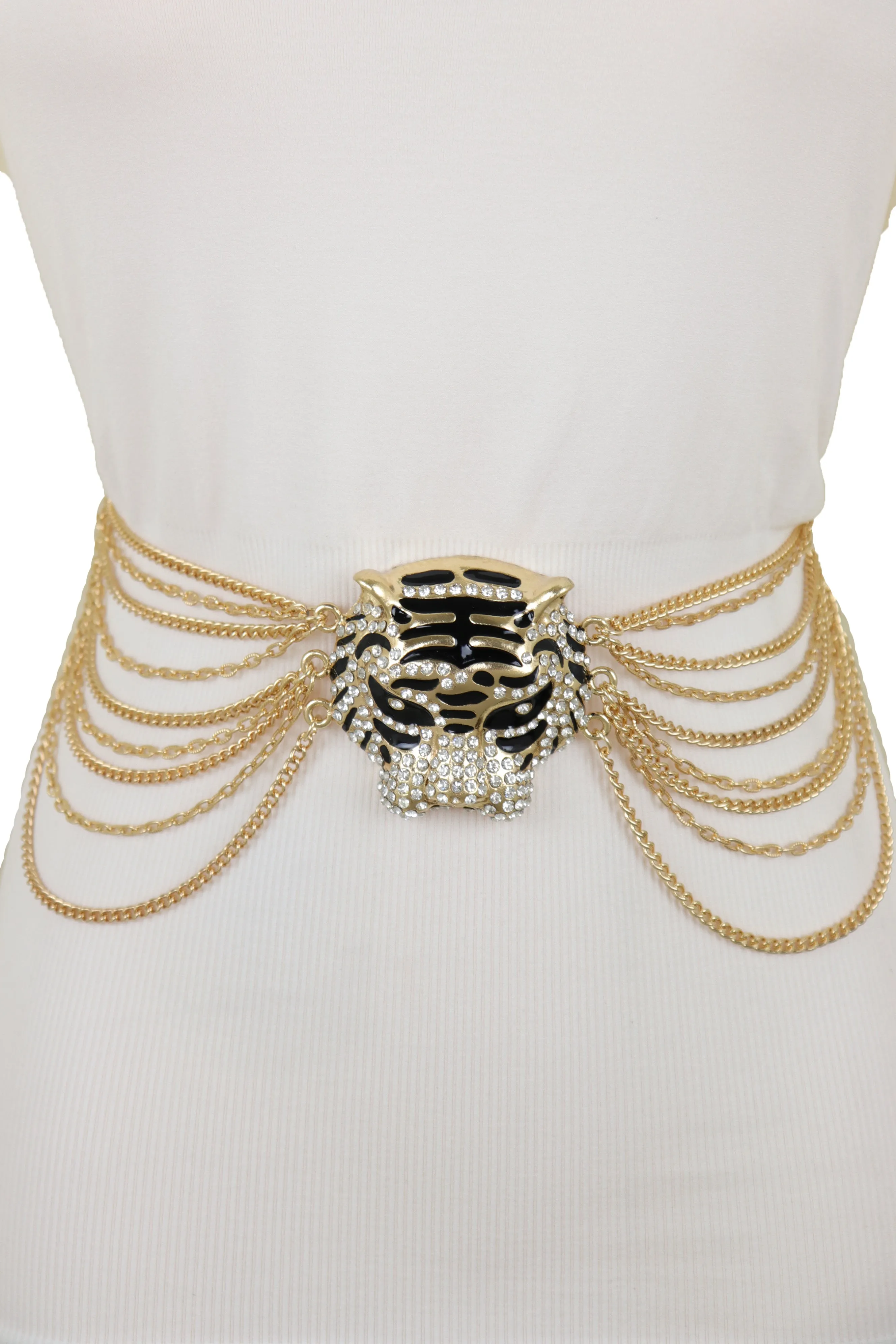 Gold Metal Chain Side Waves Belt Hip High Waist Leopard Tiger Charm S M L