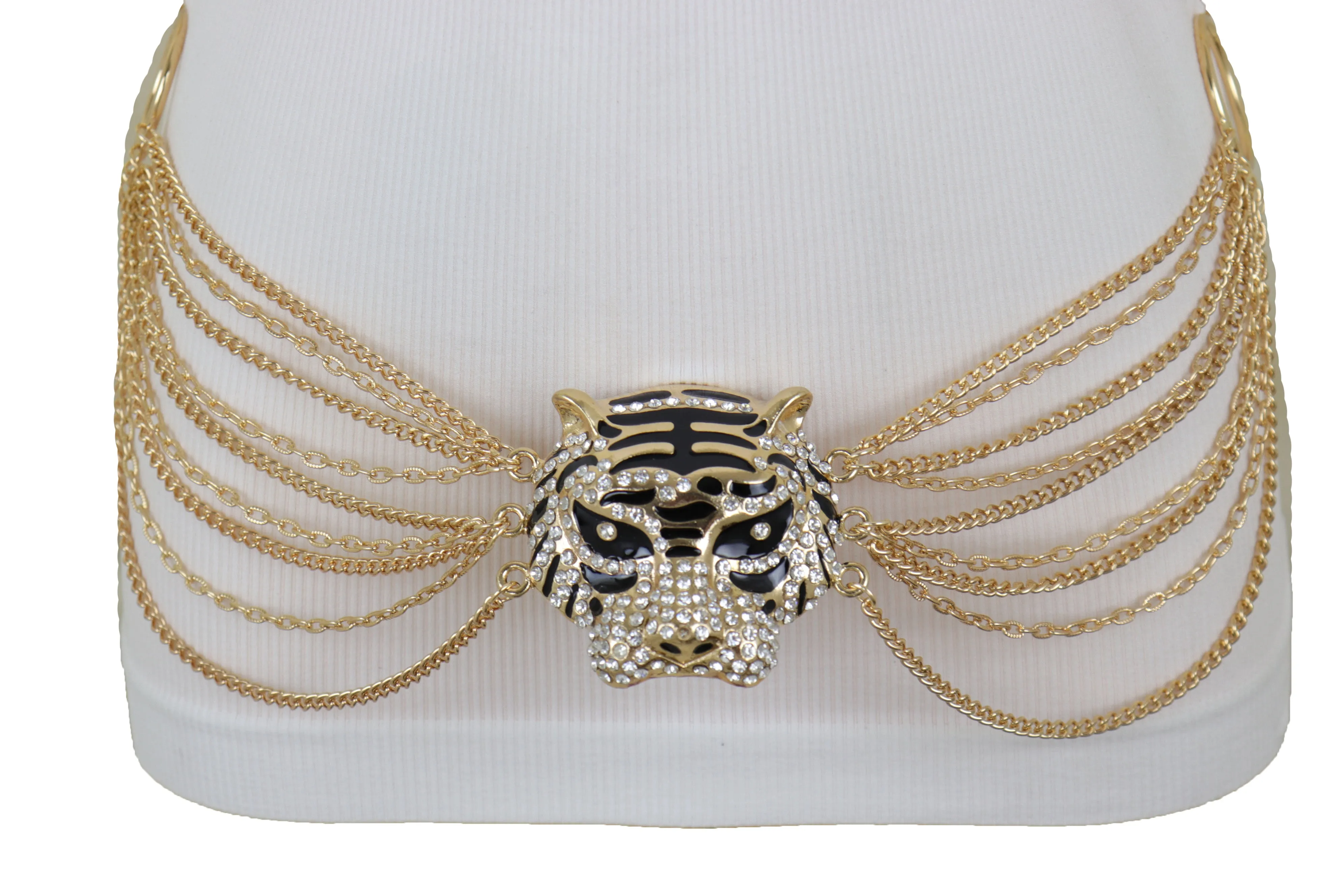 Gold Metal Chain Side Waves Belt Hip High Waist Leopard Tiger Charm S M L