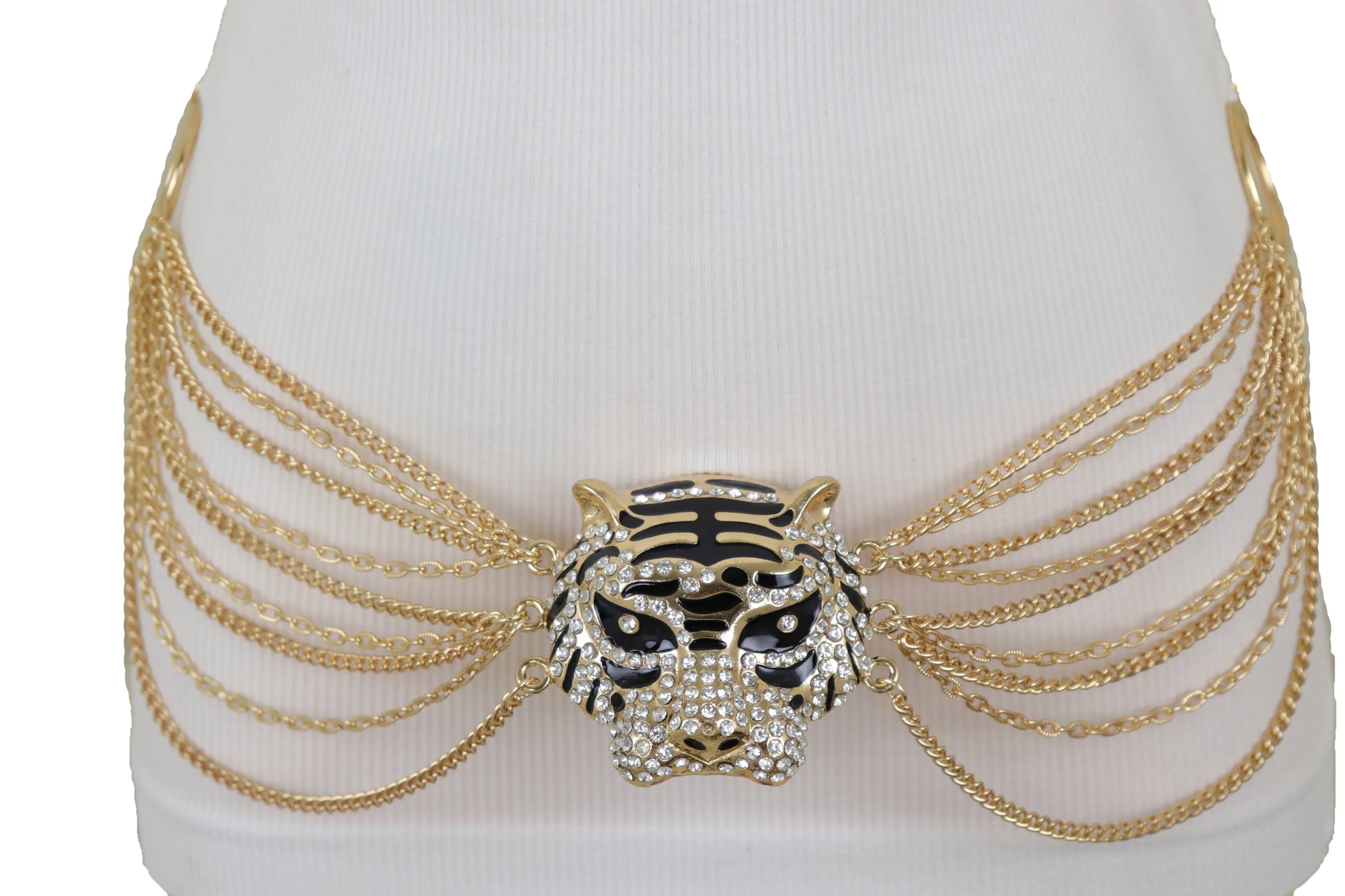 Gold Metal Chain Side Waves Belt Hip High Waist Leopard Tiger Charm S M L