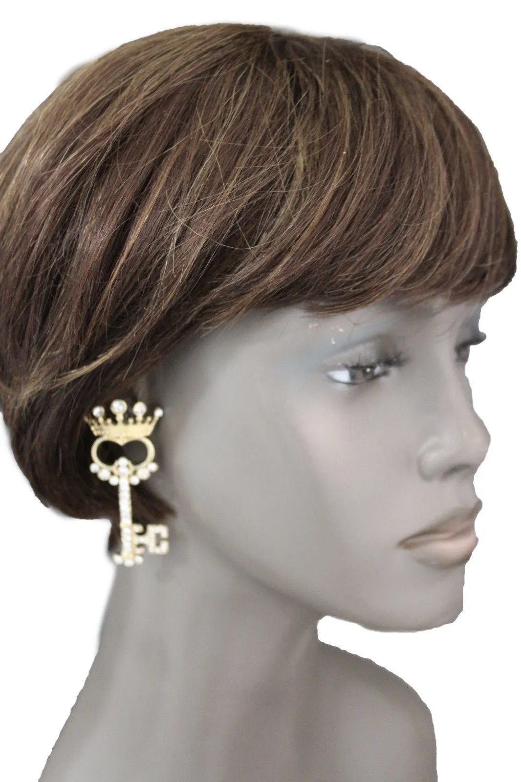 Gold Metal Key Queen Crown King Silver Beads Charm Earrings Set