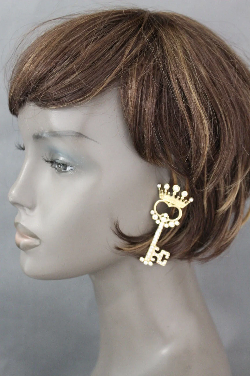 Gold Metal Key Queen Crown King Silver Beads Charm Earrings Set