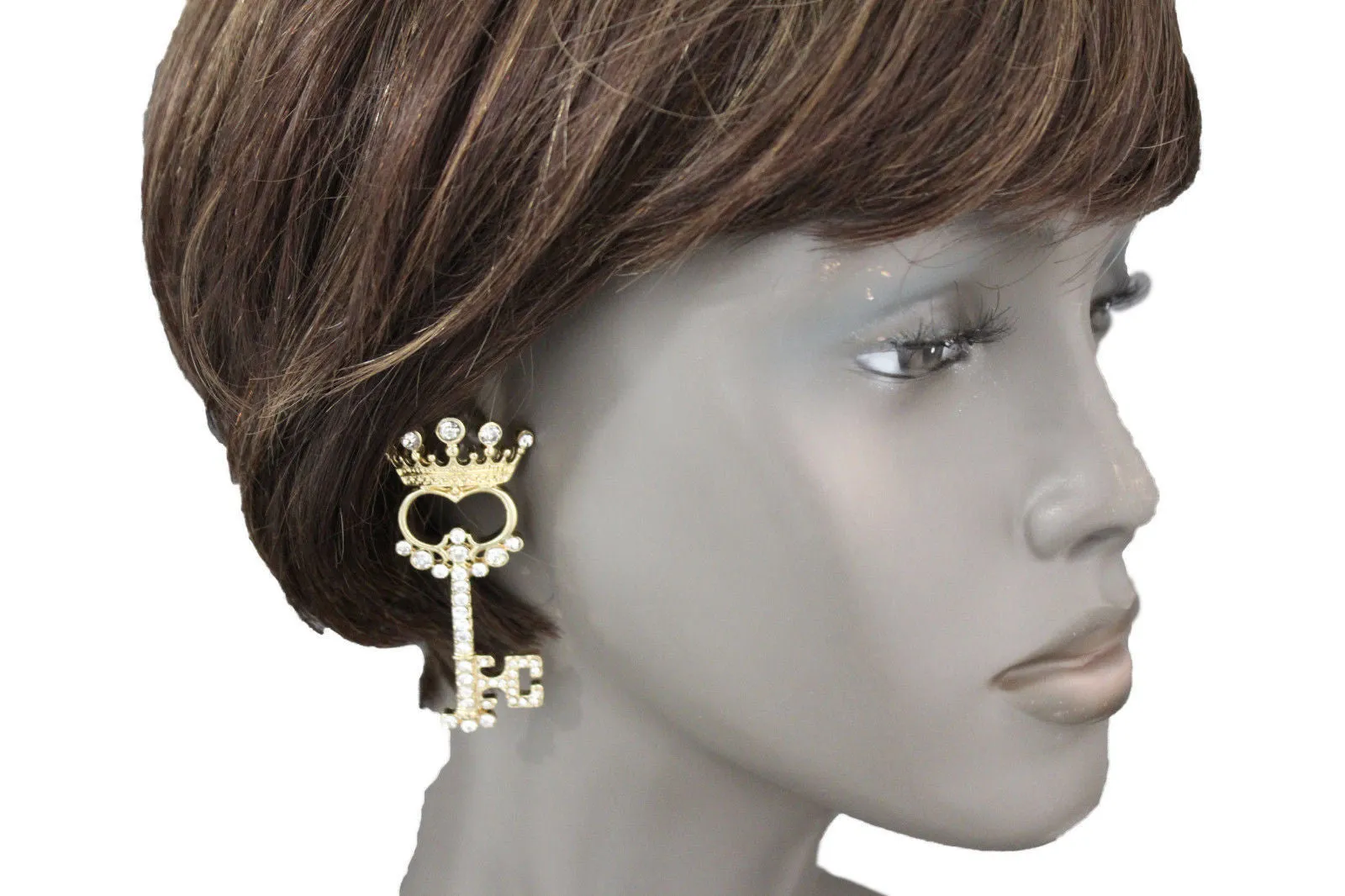 Gold Metal Key Queen Crown King Silver Beads Charm Earrings Set