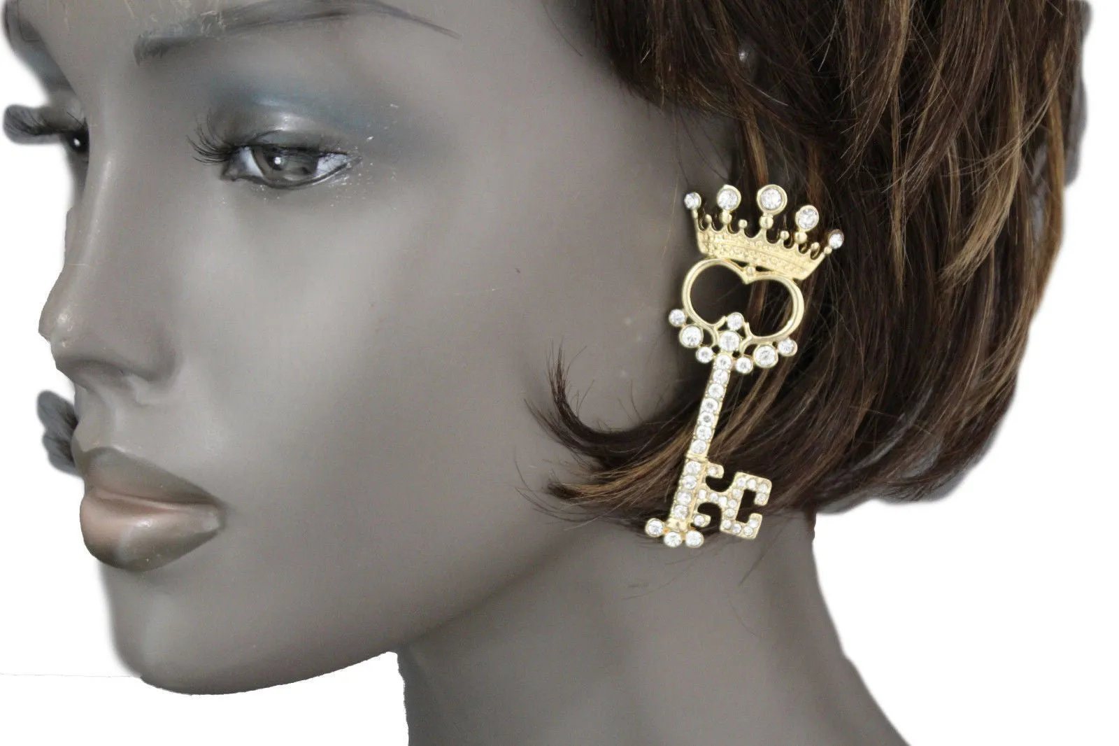 Gold Metal Key Queen Crown King Silver Beads Charm Earrings Set