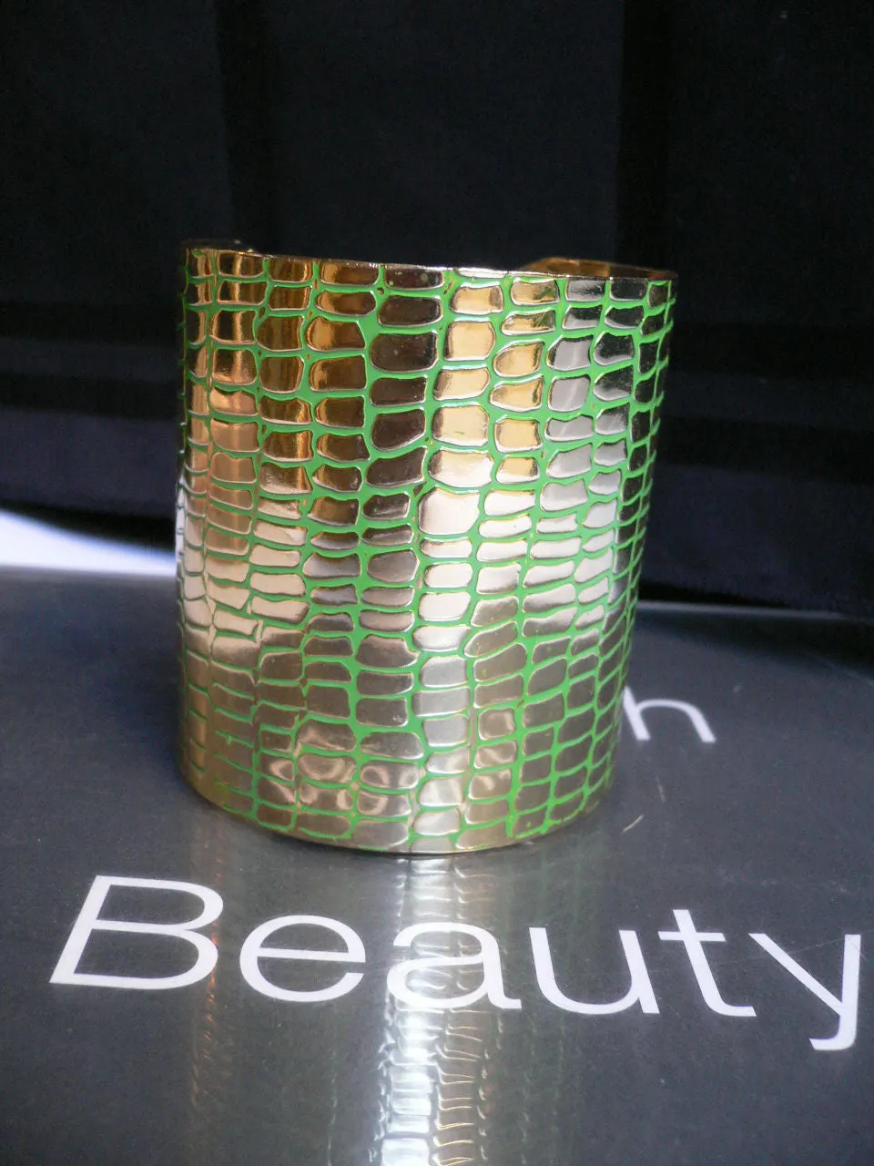 Gold Metal Sexy Dressy Unique Chic Wide Cuff Bracelet Green Flexible