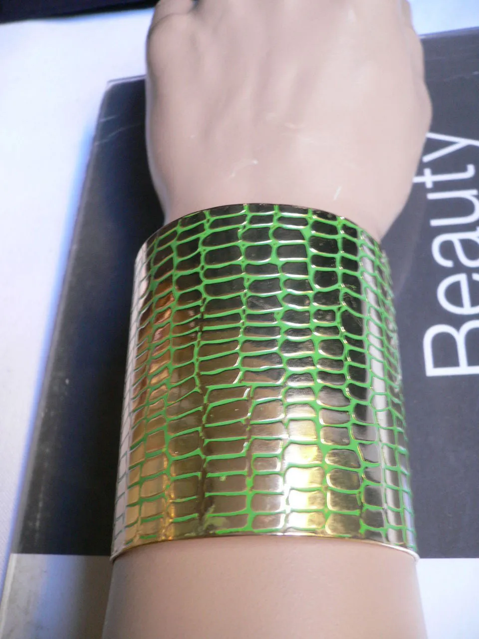 Gold Metal Sexy Dressy Unique Chic Wide Cuff Bracelet Green Flexible