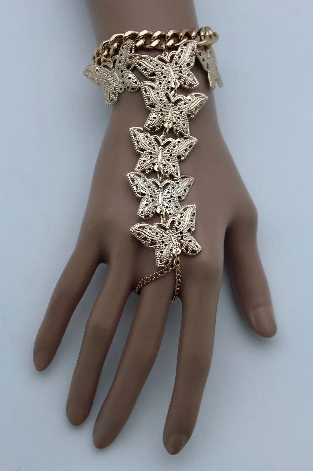 Gold Metal Wrist Bracelet Hand Chain Long Finger Multi Cute Butterfly