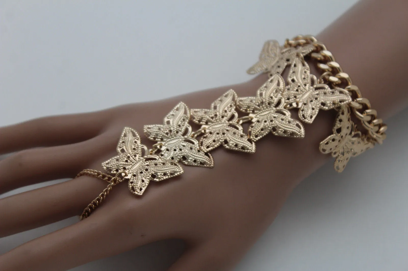 Gold Metal Wrist Bracelet Hand Chain Long Finger Multi Cute Butterfly