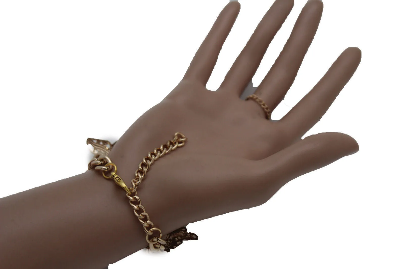 Gold Metal Wrist Bracelet Hand Chain Long Finger Multi Cute Butterfly