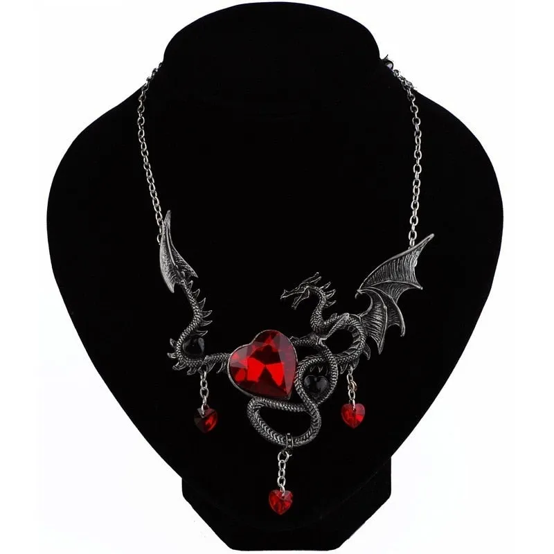 Gothic Heart-Shaped Pendant Necklace Zircon Inlaid Fashion Jewelry Dragon Personality