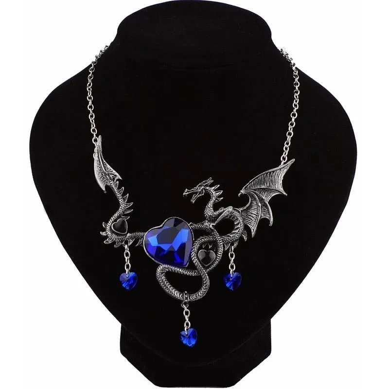 Gothic Heart-Shaped Pendant Necklace Zircon Inlaid Fashion Jewelry Dragon Personality