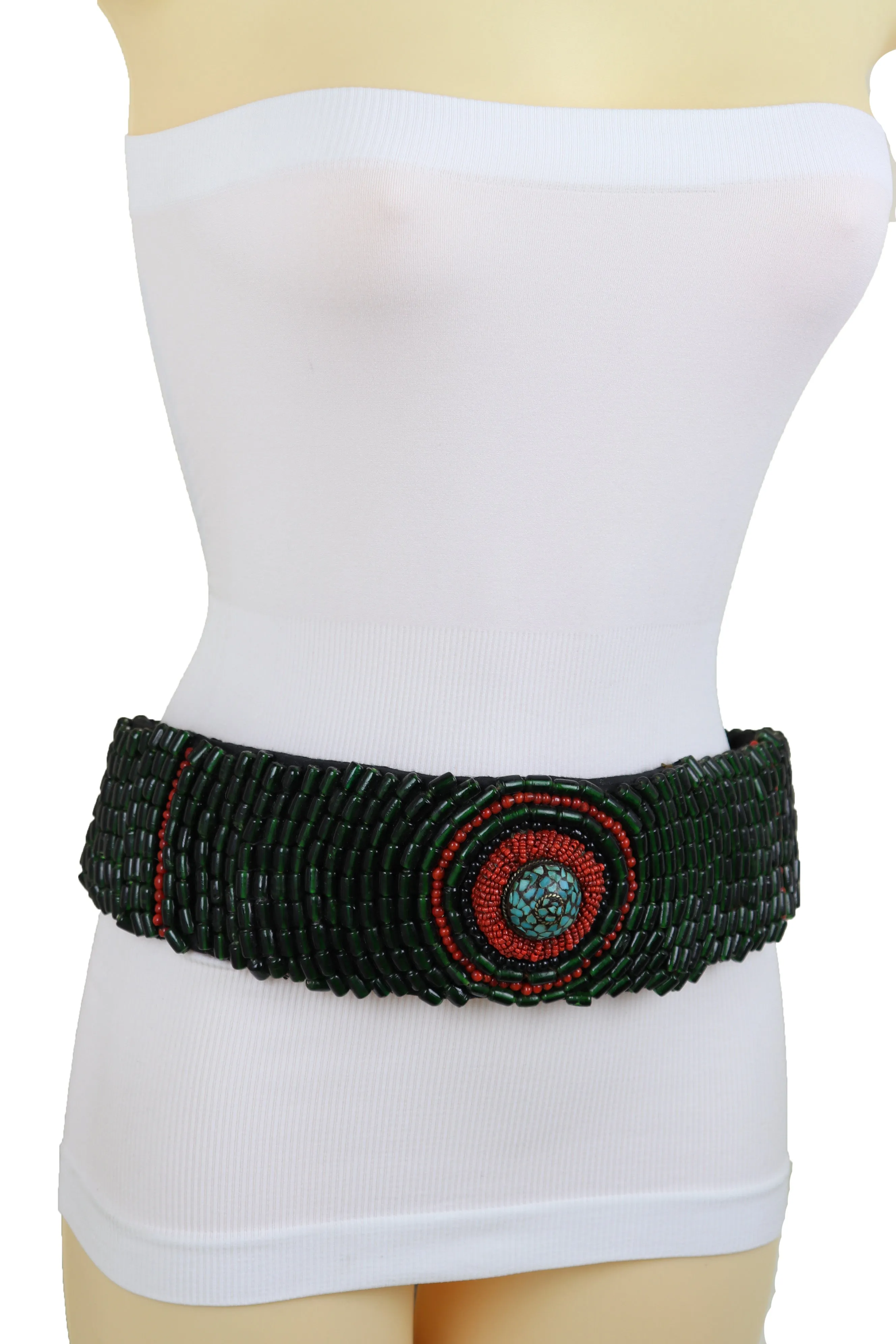 High Waist Hip Bohemian Fashion Wide Tie Fabric Green Beads Belt Adjustable Size M L