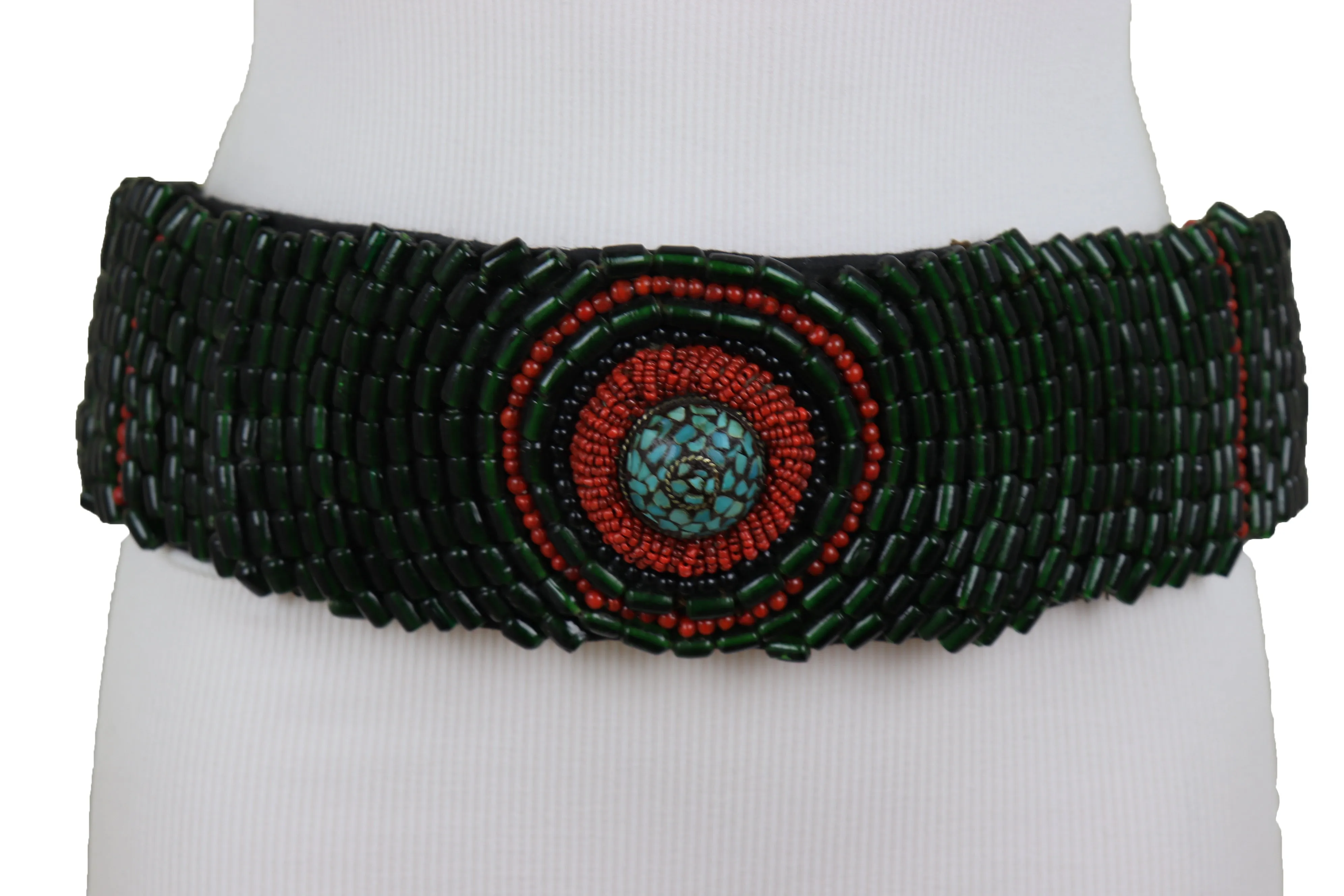 High Waist Hip Bohemian Fashion Wide Tie Fabric Green Beads Belt Adjustable Size M L