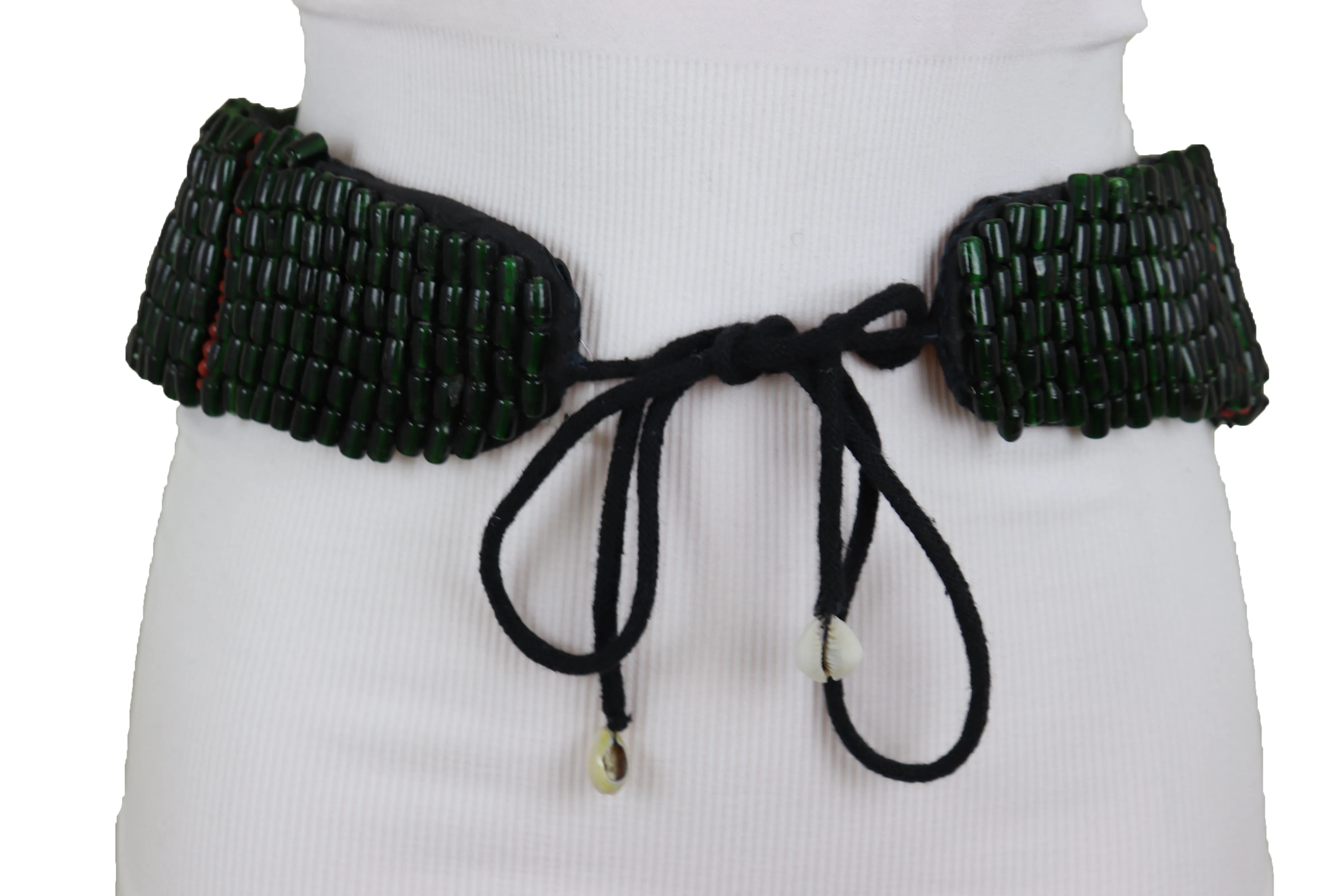 High Waist Hip Bohemian Fashion Wide Tie Fabric Green Beads Belt Adjustable Size M L