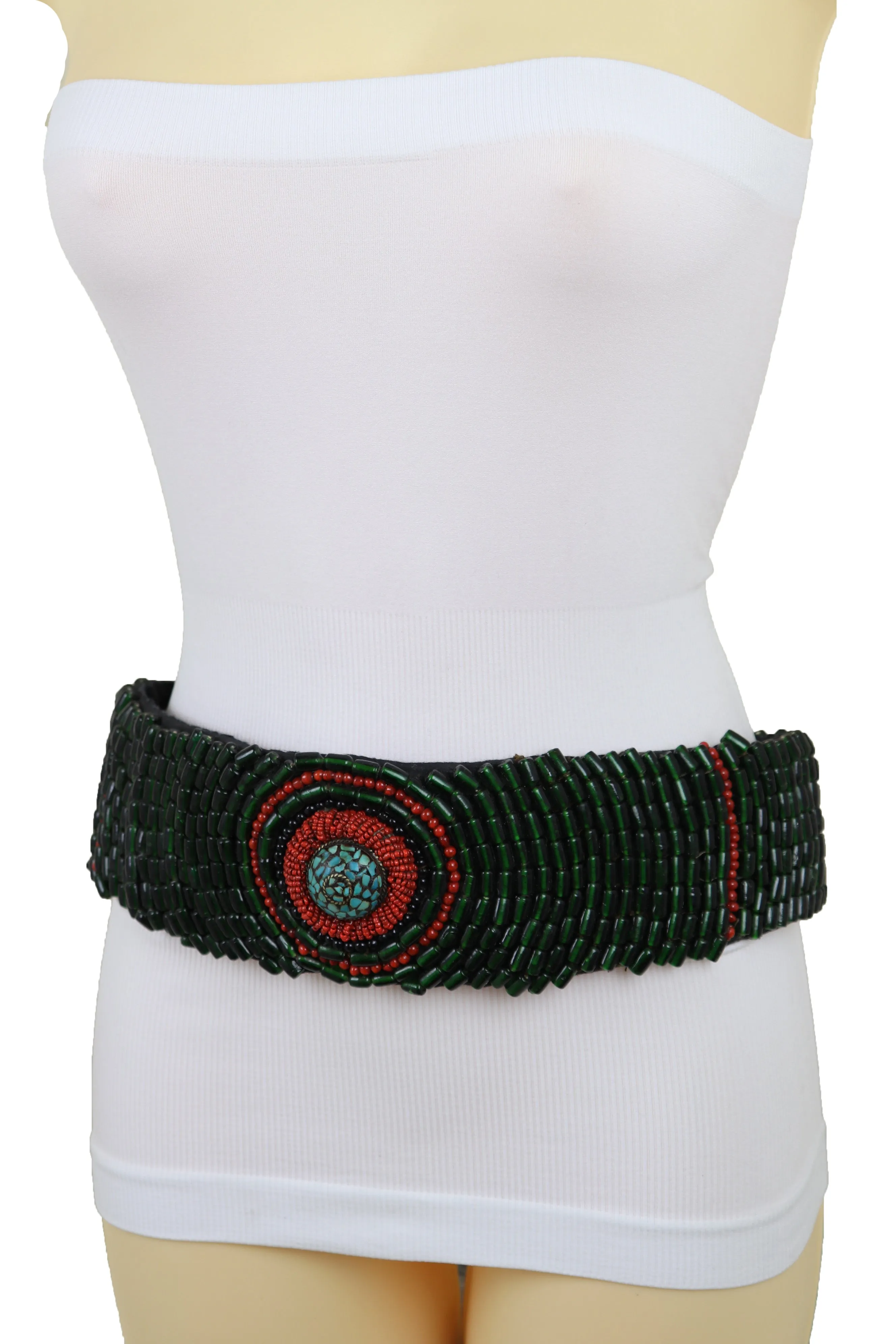 High Waist Hip Bohemian Fashion Wide Tie Fabric Green Beads Belt Adjustable Size M L