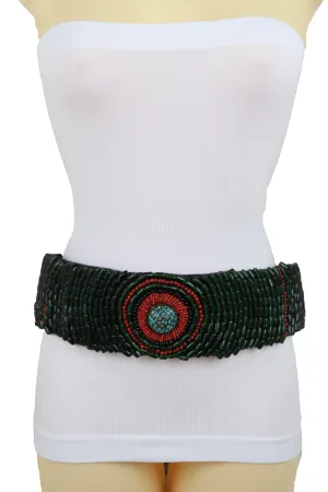 High Waist Hip Bohemian Fashion Wide Tie Fabric Green Beads Belt Adjustable Size M L