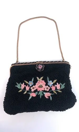 LE PETIT JARDIN 1950s Black Beaded & Floral Embroidered Purse