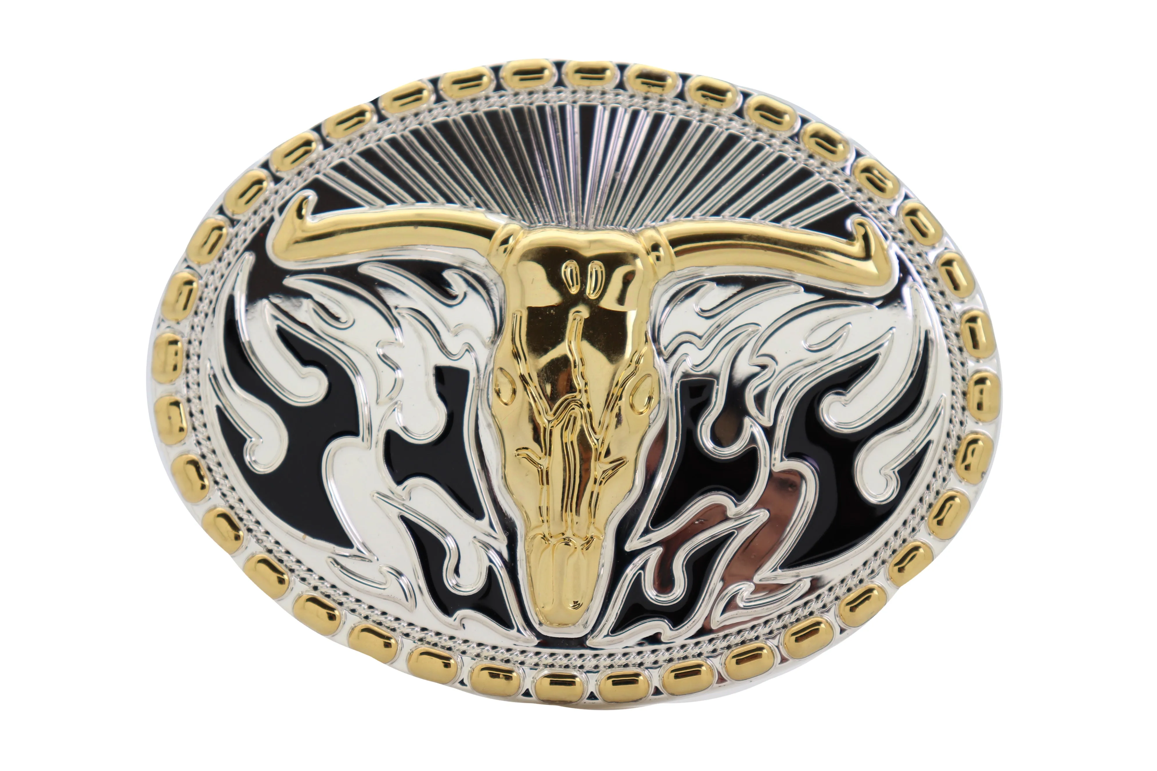 Men Belt Buckle Silver Metal Oval Western Fashion Gold Bull Skull Long Horn Fire