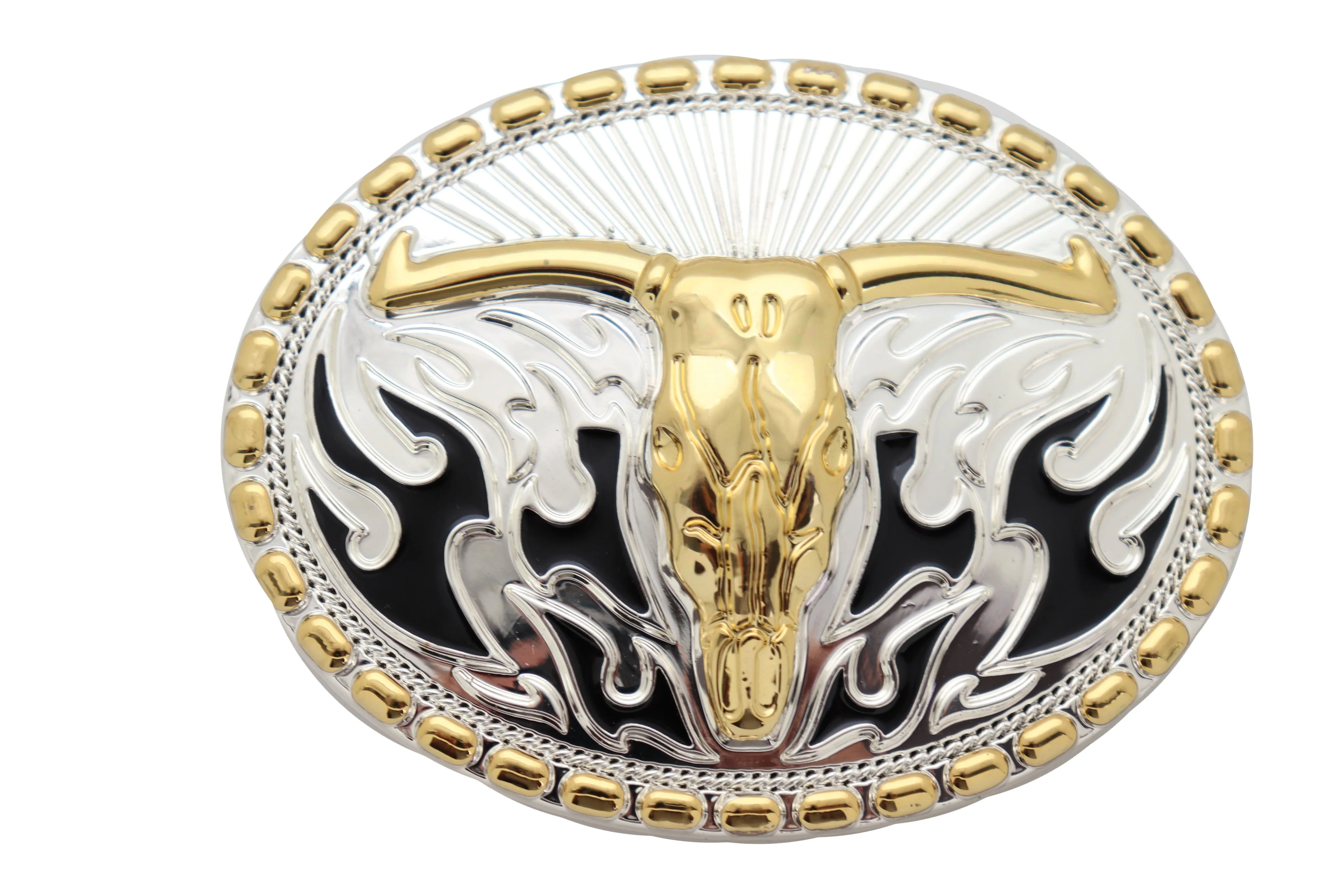 Men Belt Buckle Silver Metal Oval Western Fashion Gold Bull Skull Long Horn Fire