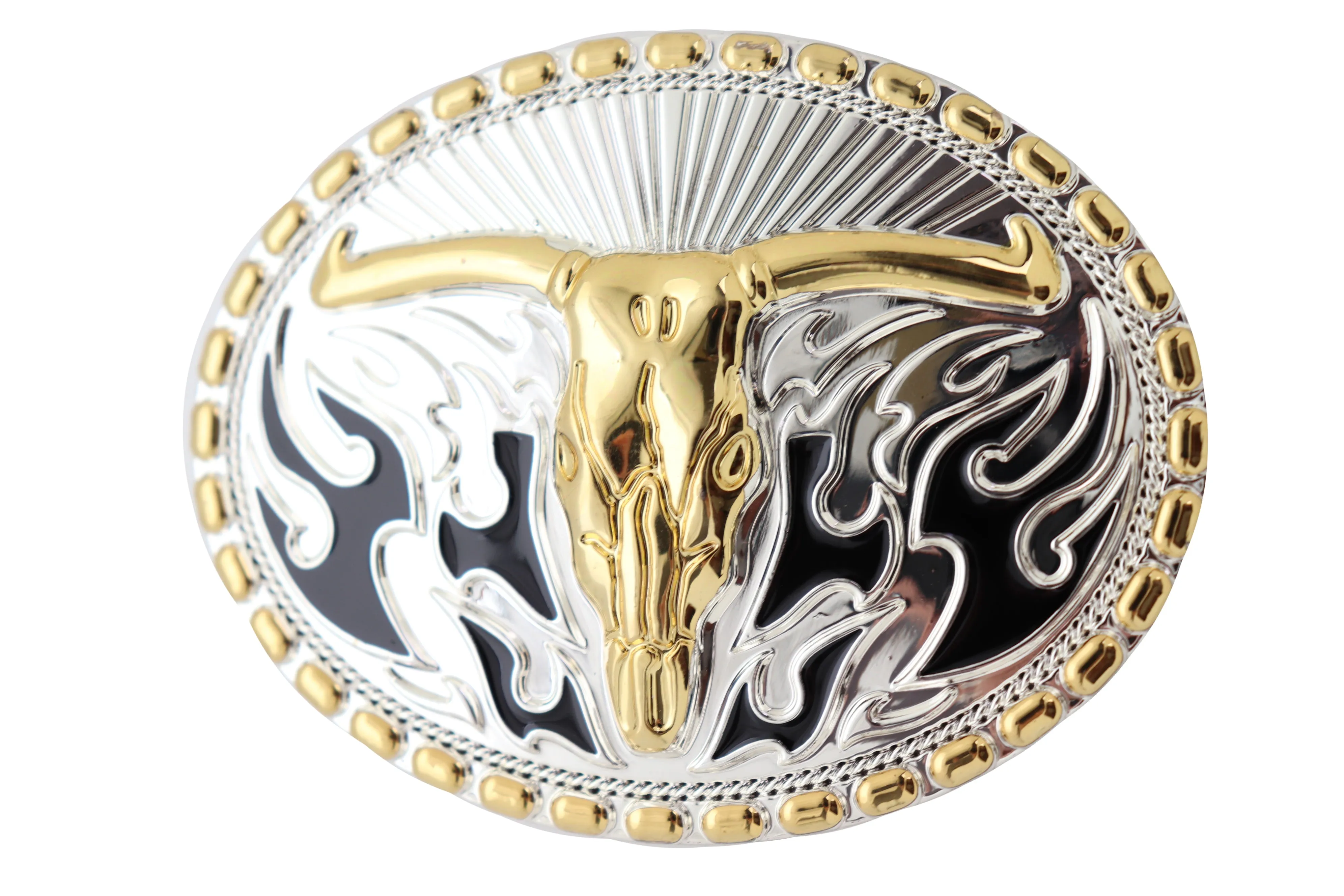 Men Belt Buckle Silver Metal Oval Western Fashion Gold Bull Skull Long Horn Fire