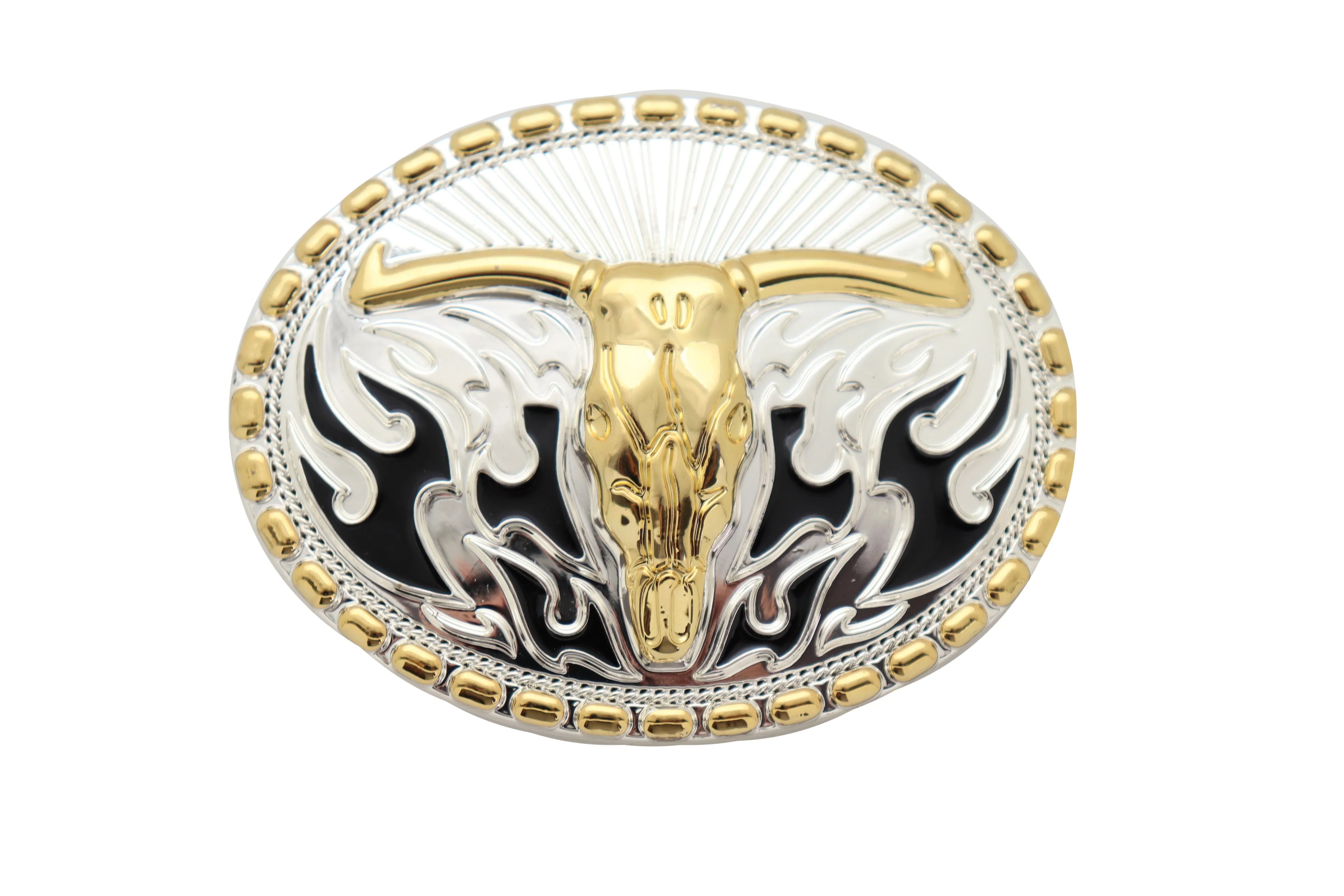 Men Belt Buckle Silver Metal Oval Western Fashion Gold Bull Skull Long Horn Fire