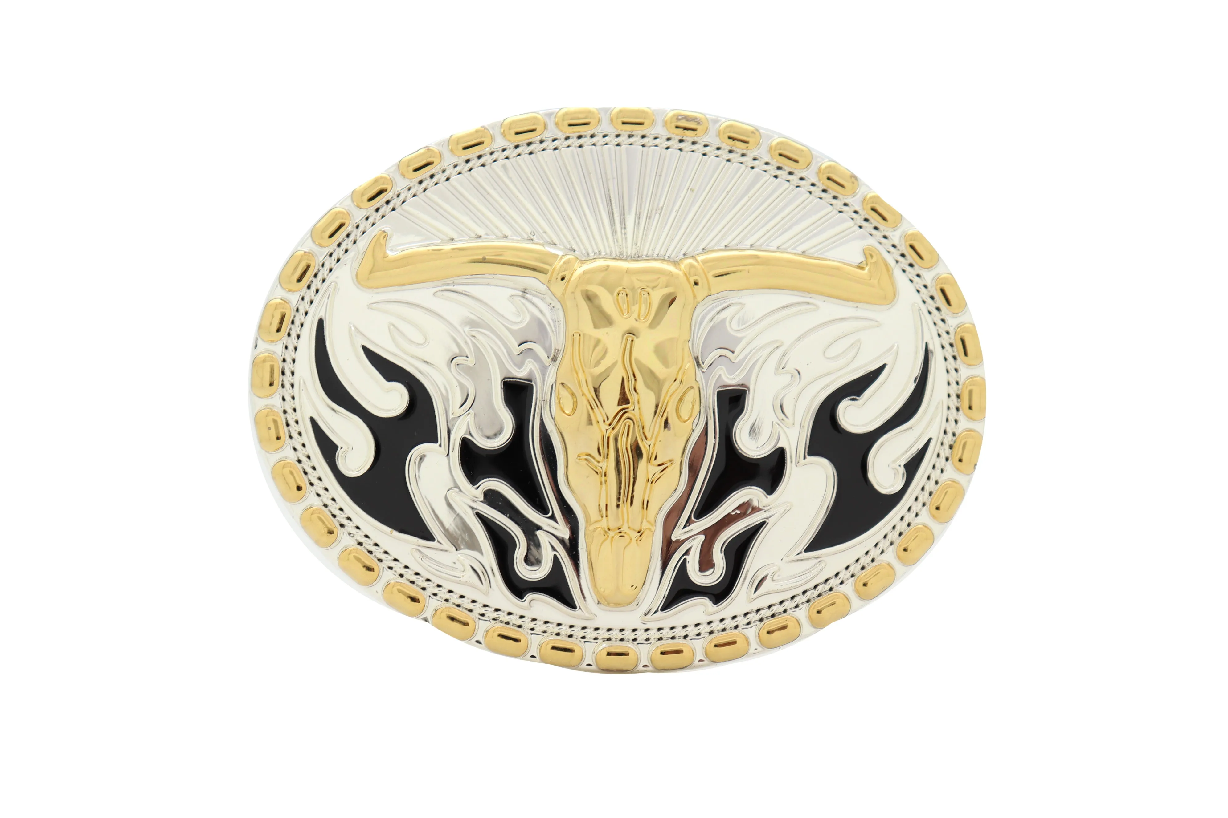 Men Belt Buckle Silver Metal Oval Western Fashion Gold Bull Skull Long Horn Fire