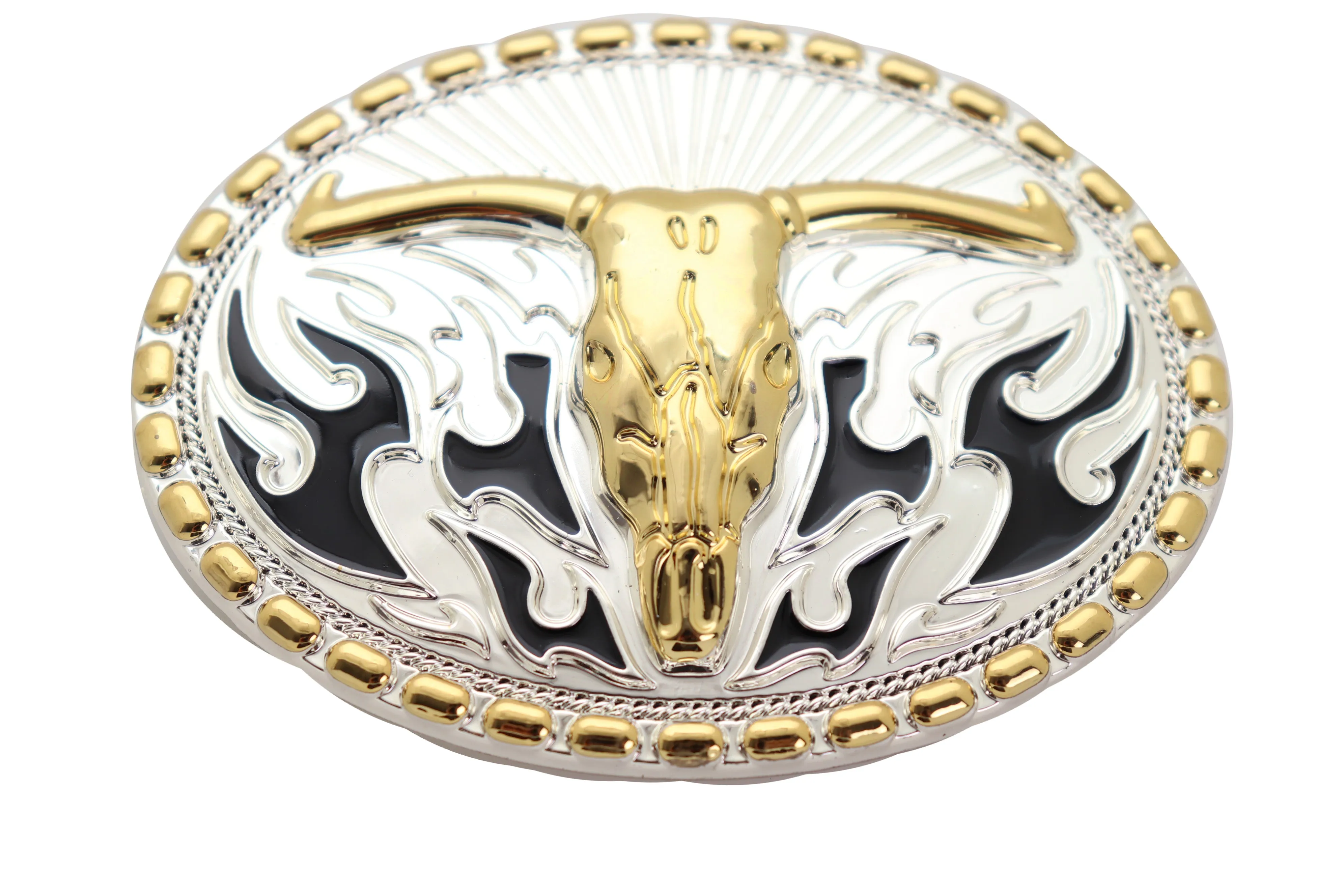 Men Belt Buckle Silver Metal Oval Western Fashion Gold Bull Skull Long Horn Fire