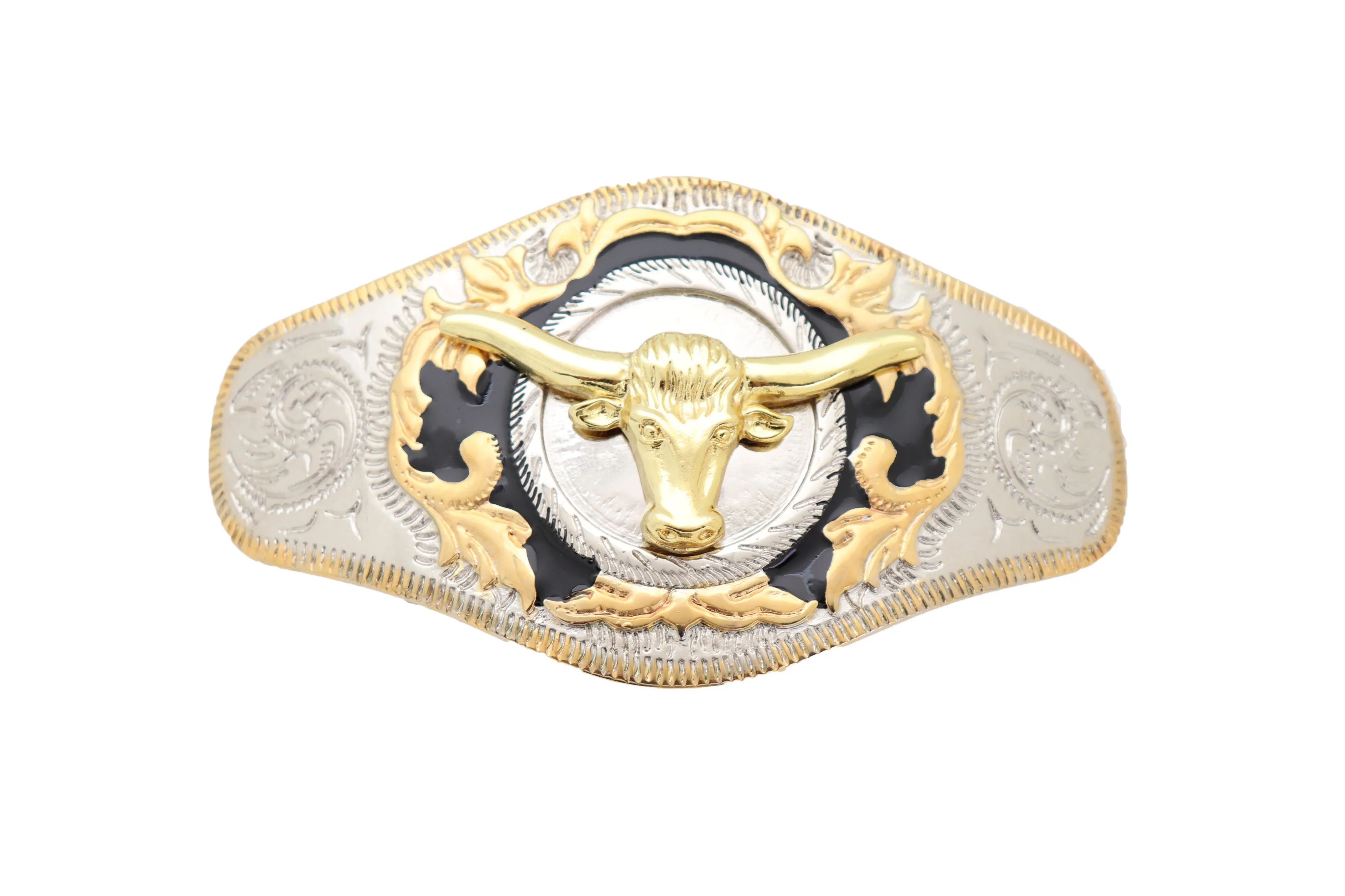 Men Western Fashion Belt Buckle Silver Metal Gold Long Horn Bull Texas Cow Heavy Duty Strong